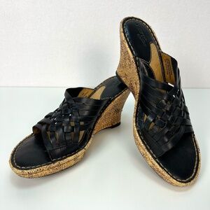 Born Drilles Turbie Espadrille Wedge Sandal Summer Black Leather Slide Womens 8